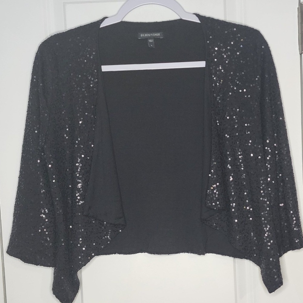 Eileen Fisher Black Sequin Open Front Bolero Shrug Cropped Jacket Womens Small